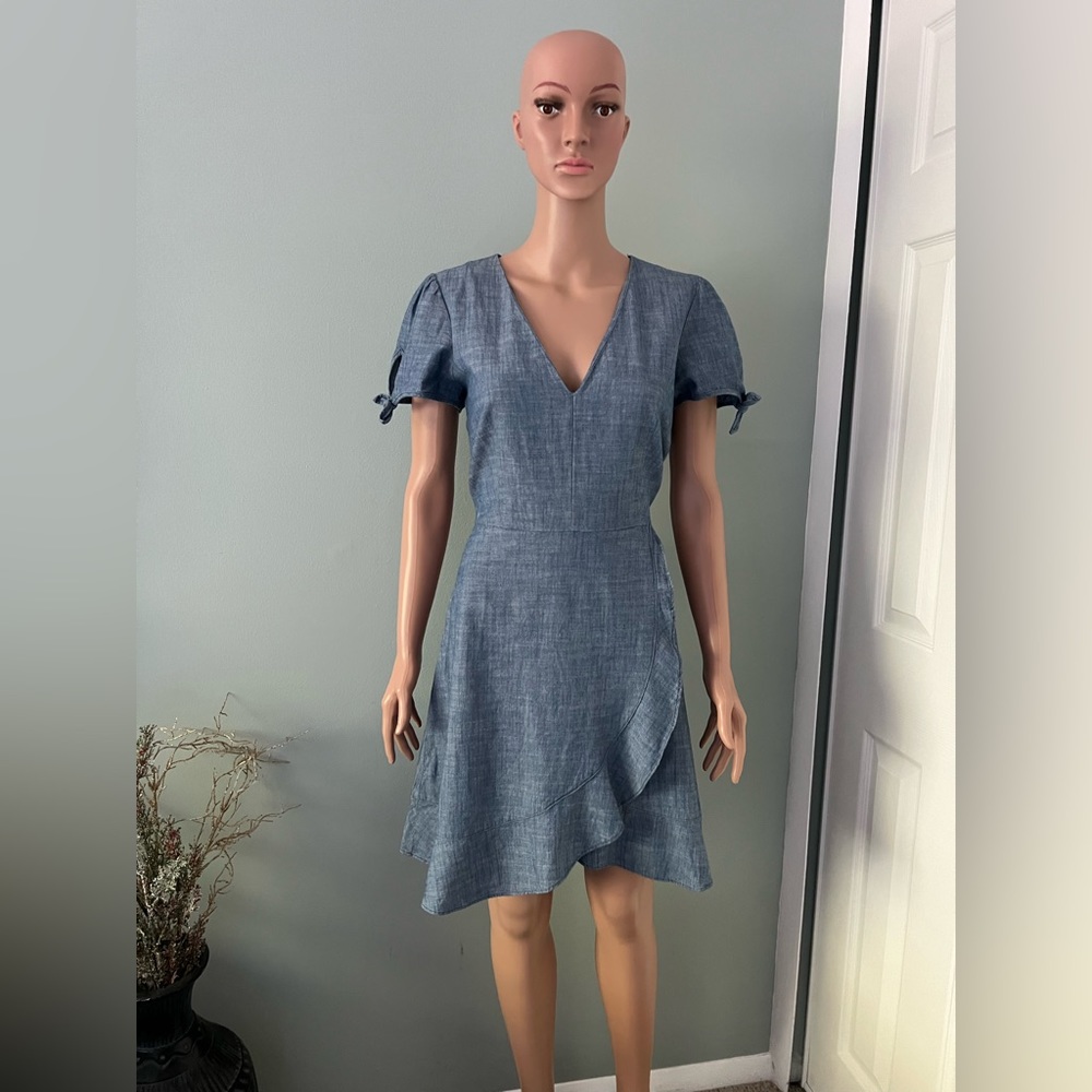 J.Crew Dress Womens 8 Ruffle Side Slit Party Cruise Short Sleeve Blue V Neck